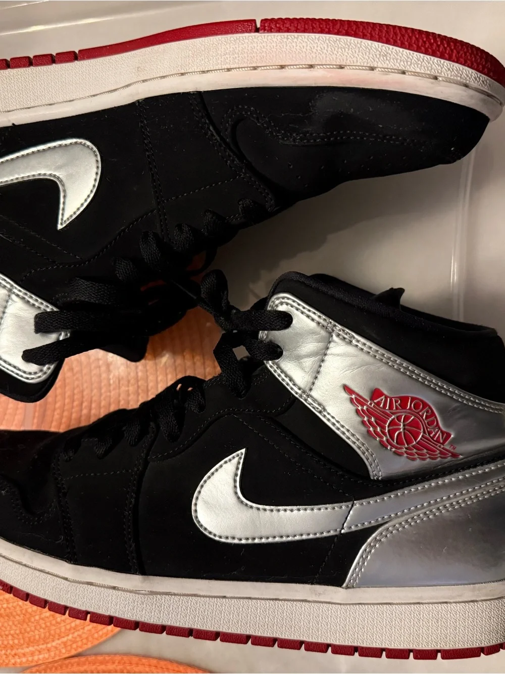 Nike Black White Silver Red Air Jordan 1 Mid Sneakers